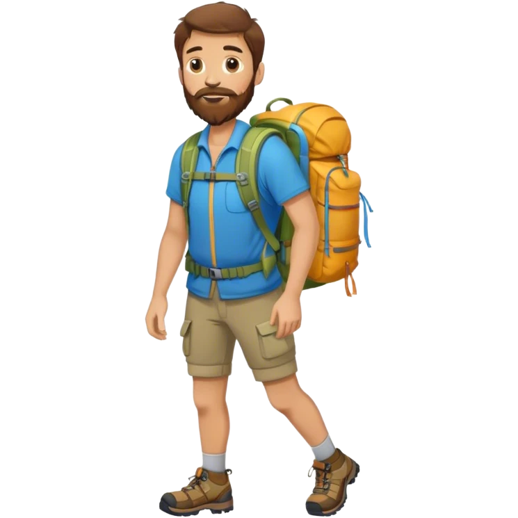 A man with brown hair and a three day beard wears s Rucksack with a birthday present. you see the full body. He wears hiking equipment. emoji