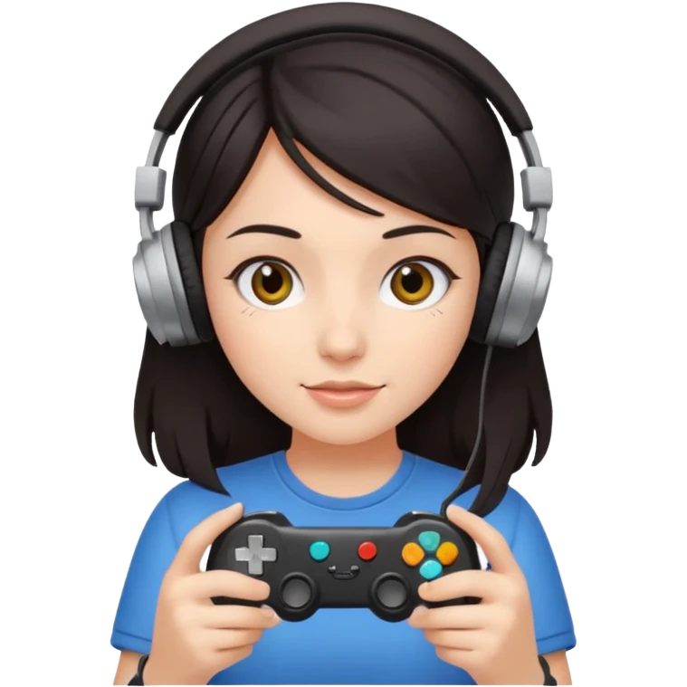 dark haired girl with headphones holding game controller emoji