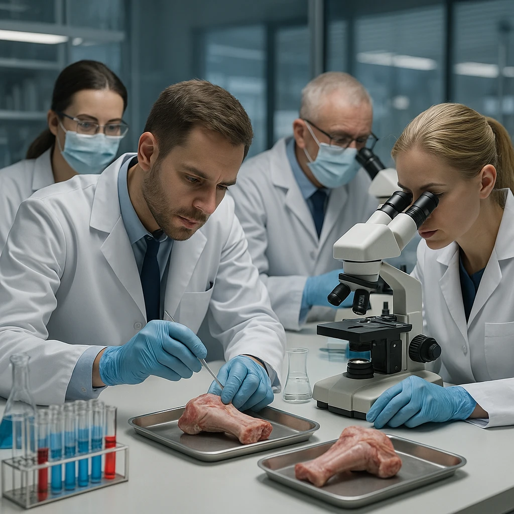 research laboratory with a medical team analyzing and preparing pig joints for surgical use, microscopes and test tubes on the table, atmosphere of scientific precision, 4K quality emoji