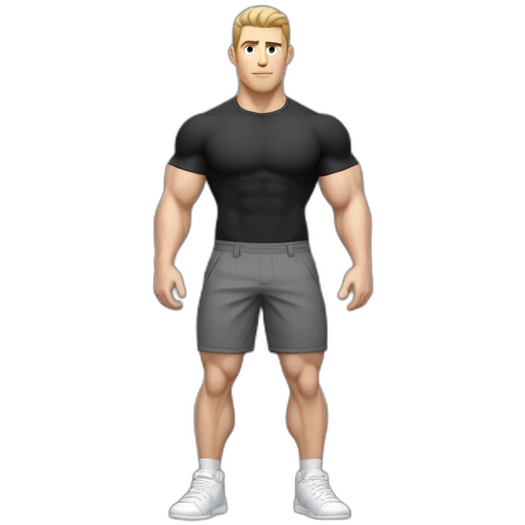 Pale skinned Fit Man With the biceps and dark brown hair in black shirt, gray sports shorts and white Sneakers Touches the back of the head emoji