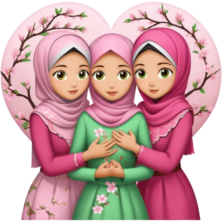 Four sister hugs Turkish girls beautiful finish Konya brown green eyes with cherry blossom hijab and heart dress and hugs  emoji
