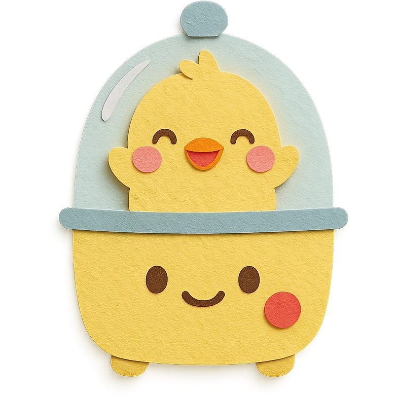 chibi egg cooker with a chick popping out, bright smile, soft yellow palette, full-body emoji