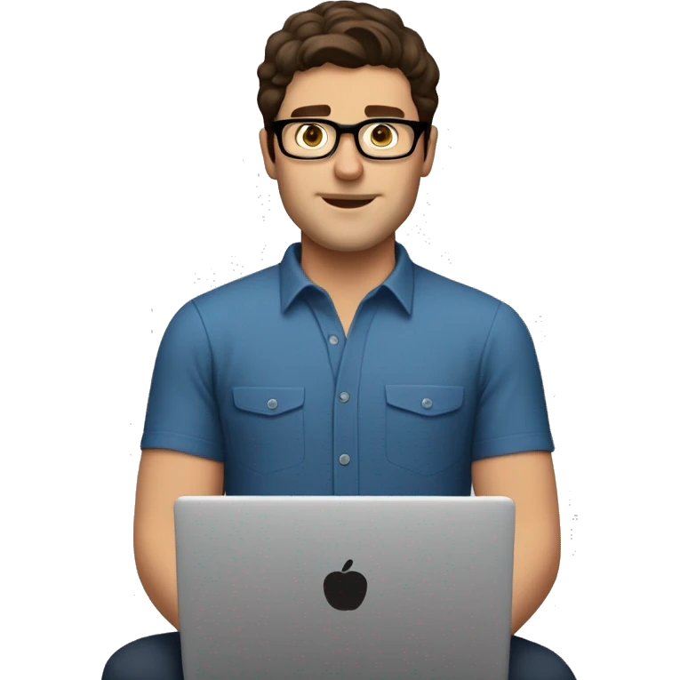 white guy dark brown hair brad pit style and square glasses typing in laptop wearing blue shirt emoji
