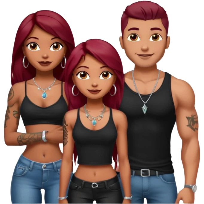 a pretty bratz fair indian girl with dark red straight hair, black cami top, silver dainty necklaces, rings, hoops, tattoos standing with two handsome lean but muscled guys emoji