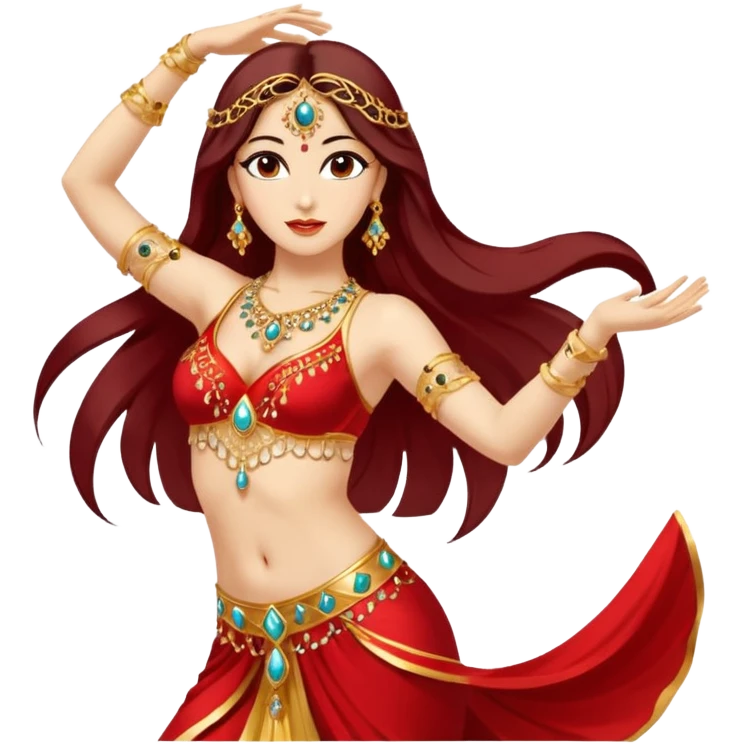 Elegant belly dancer emoji, mid-movement, wearing red and gold costume, one arm raised, flowing hair, minimal vector style, expressive and clear, transparent background. emoji