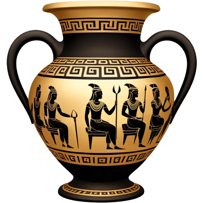 Cinematic-realistic Grecian urn, an exquisite black-figure pottery masterpiece resting in the dim glow of an ancient temple. Intricate golden depictions of gods and warriors encircle its curved form, telling timeless myths of heroism and tragedy. The polished ceramic surface reflects flickering torchlight, while faint wisps of dust drift in the air, whispering echoes of a long-lost civilization. emoji