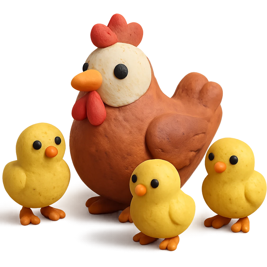 mother hen surrounded by three yellow chicks, playful and cute, matte finish emoji