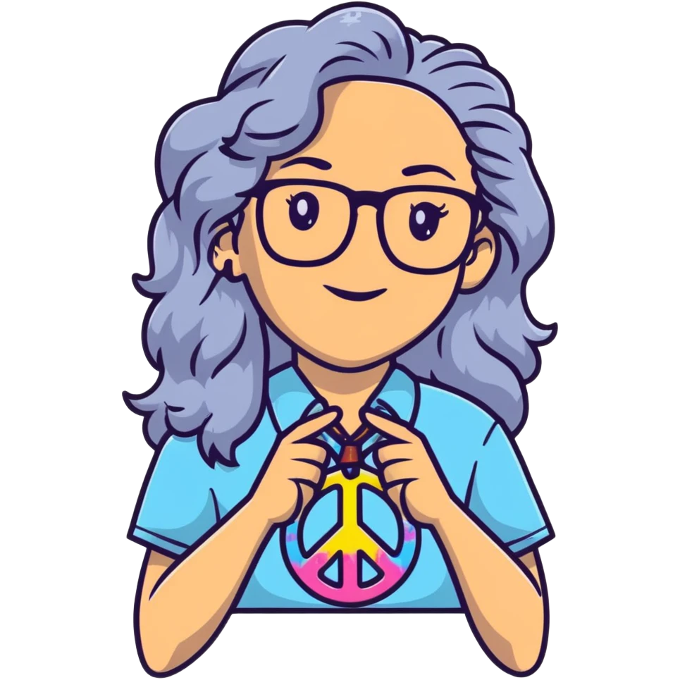 Hippie woman with long curly flowing gray hair and glasses wearing tie dye shirt and peace earrings emoji