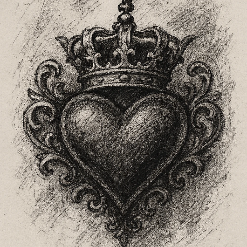 gothic heart with a gothic crown, ornate, dark, elegant, pencil sketch style emoji