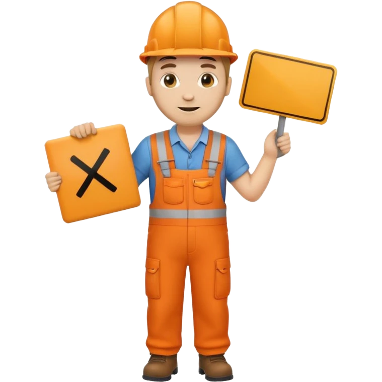 emoji style railway engineer full body in orange overalls, holding a sign in front of their chest emoji