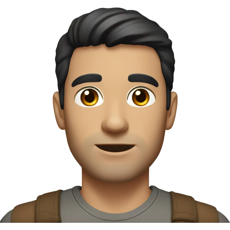 A head and shoulders shot of a 32 year old white man, with short black hair, with none facial hair,   with brown eyes wearing a t-shirt. emoji