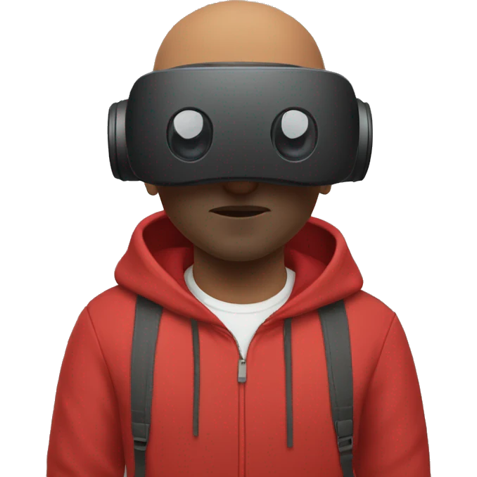 Bald Brownman with no facial hair and a red hoodie playing VR emoji