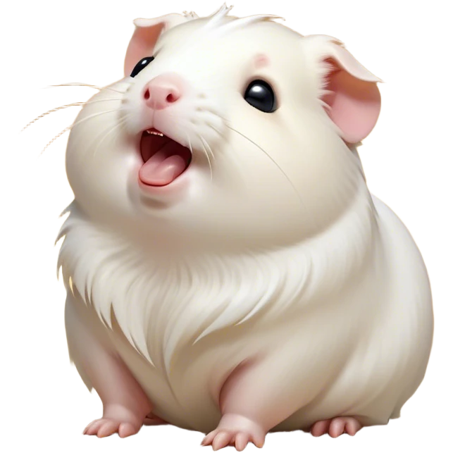Cinematic Cute Yawning White Guinea Pig Portrait Emoji, Head tilted slightly with a dramatic, wide-open yawn, revealing a soft, downy white coat with tiny drooping ears, round dark eyes barely open in drowsy contentment, Simplified yet irresistibly adorable features, highly detailed, glowing with a soft, cozy glow, high shine, relaxed yet expressive, stylized with a touch of whimsy, bright and endearing, soft glowing outline, capturing the essence of a sleepy yet affectionate guinea pig, so drowsy it feels like it could stretch right out of the screen and curl up for a nap! emoji