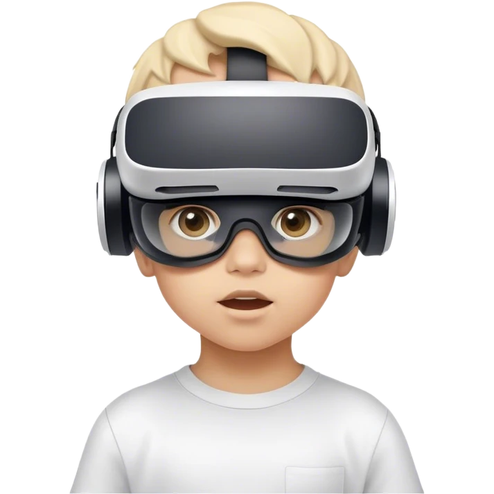 Child wearing virtual reality glasses, with a curious and engaged expression, exploring the digital world through VR technology. emoji