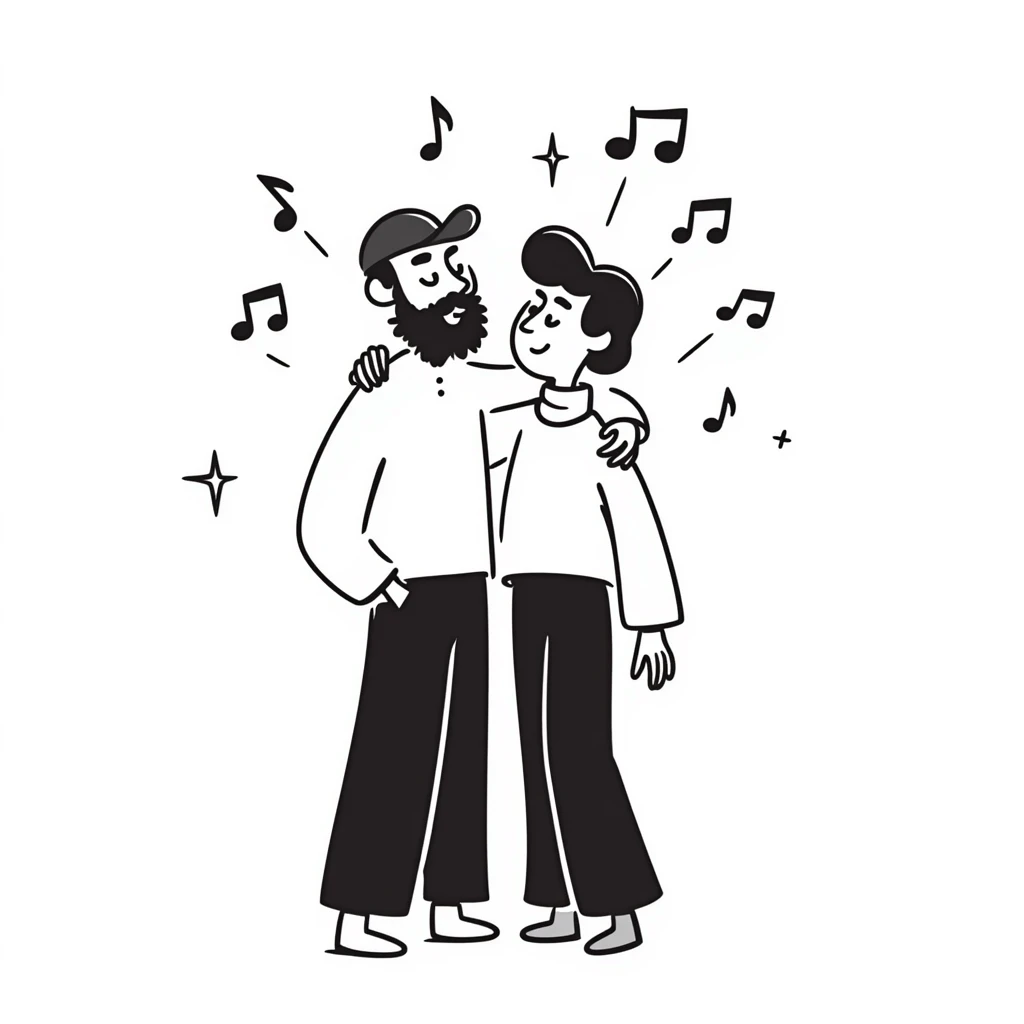 Two brothers who are musicians: a noticeably taller 35-year-old with stylized beard and backwards cap (big brother) with his arm around his shorter 25-year-old brother. Side by side, facing forward, celebrating. Music notes and stars around. Band members cheering in background. emoji