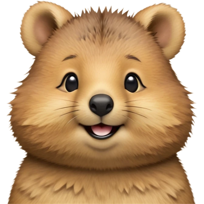 cinematic-realistic quokka-emoji,-small-round-frame, head tilted in an endearing manner, comical smile, round cheeks, giant-fluffy-cheeks-large-smile-fluffy-brown-fur-radiating-a-warm-softness,-big-round-eyes-filled-with-joy, realistic round  fluffy zoomed in, large black eyes one paw raised in the air emoji