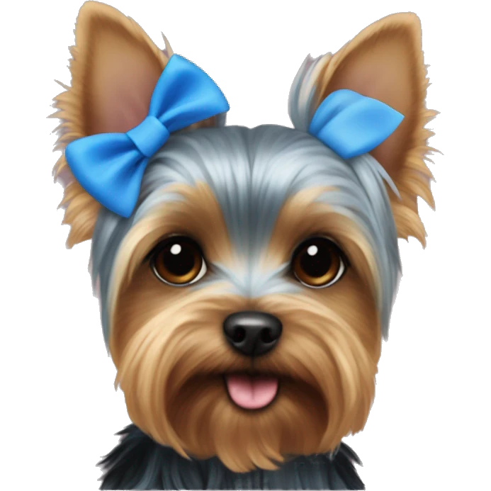 Yorkie very tiny with tiny blue bow on ear and collar that says cleo  emoji
