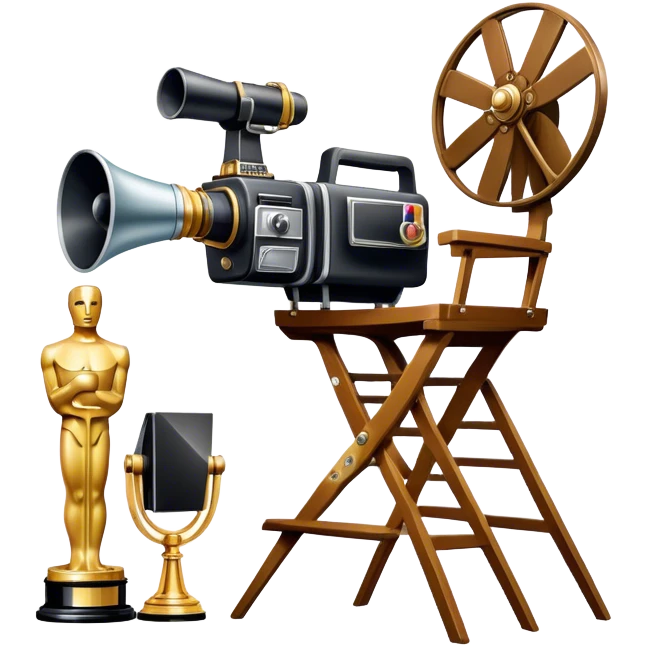 Professional icon for Directing: a collage featuring a director's chair, a film camera, a megaphone and an Oscar trophy. The icon should represent the craft and creativity of film directing, with emphasis on leadership and cinematic artistry. Transparent background. emoji