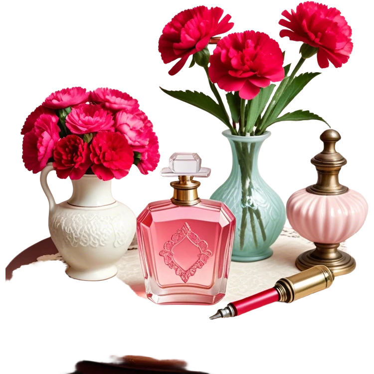 An ornate glass perfume bottle in Petal Pink with a vintage atomizer rests on an antique lace-covered table. Vibrant Strawberry Red carnations spill from a porcelain vase nearby, their fragrance mingling with the soft floral scent of the perfume.  emoji