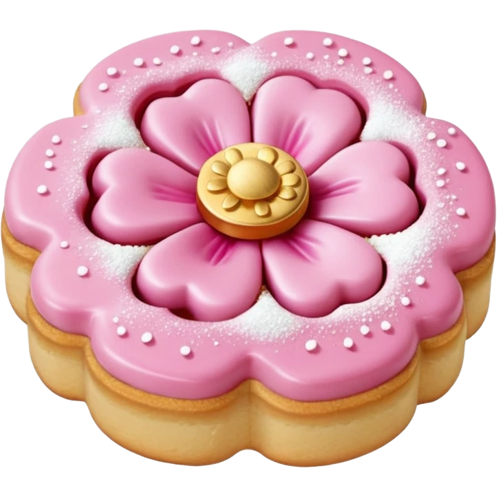 Realistic shortbread cookie in the shape of a camilia flower with pastel pink color jelly middle filling andkled powder sugar on top.emoj sprini emoji