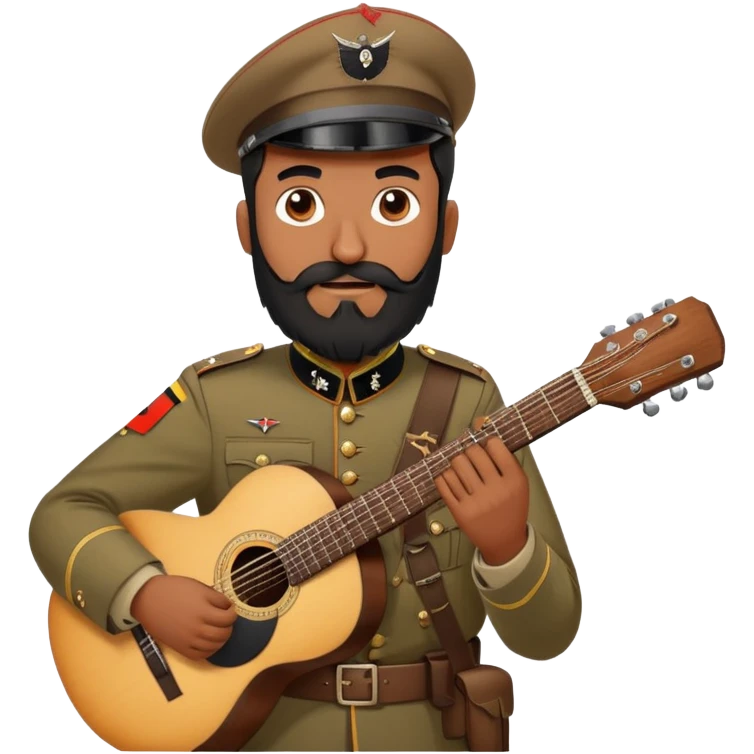 A dark Indian brown man with a black beard and a German war uniform from 1940 holding a brown acoustic guitar emoji