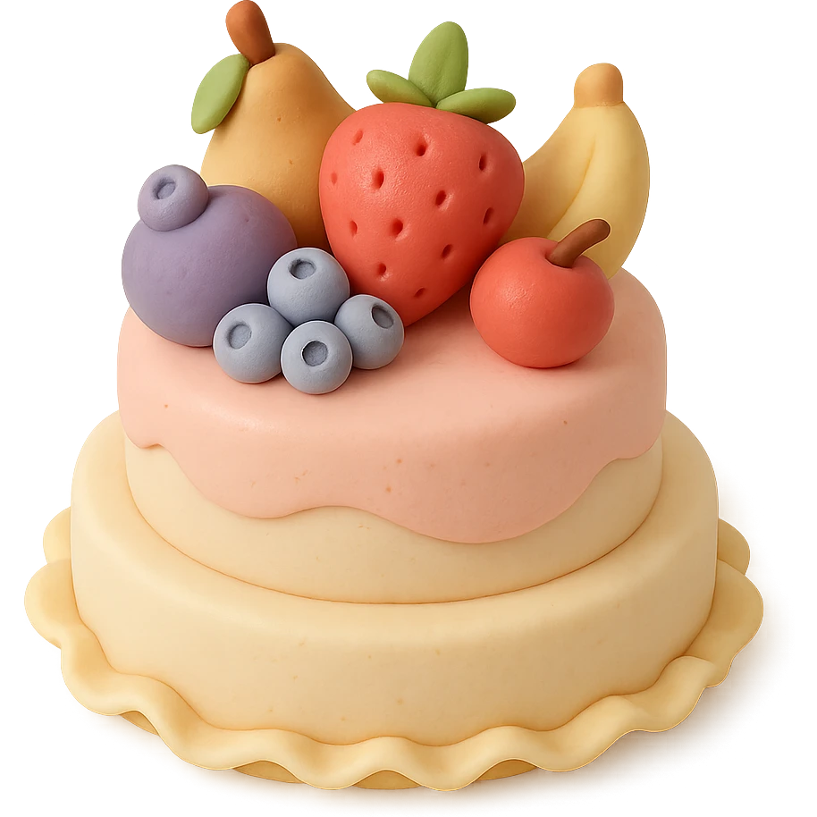 tiered fondant cake with fruit toppings emoji