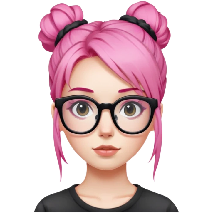 Girl with pink hair in a messy bun and big square black glasses emoji