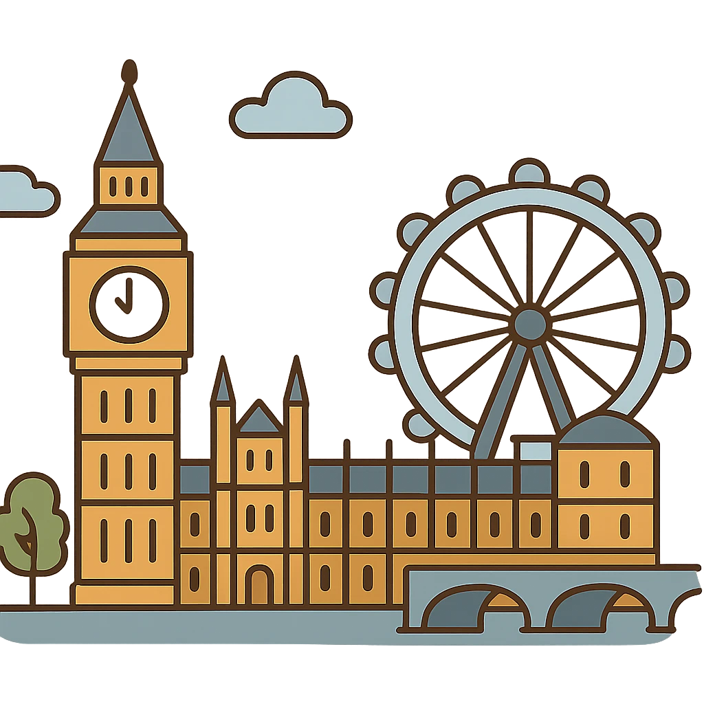 flat toon style London cityscape with Big Ben and London Eye emoji