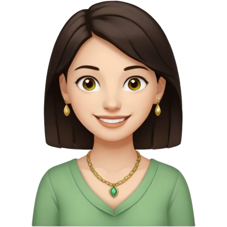 emoji of relaxed, happy young woman with dark brown hair, brown eyes, nose piercing, smiling, wearing green and cream blouse and gold necklace emoji