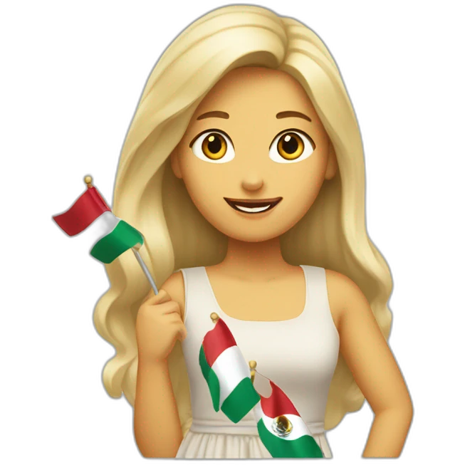 medium long blonde haired woman waving a small mexican flag over her head, wearing a sundress emoji