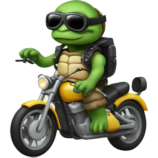 A cartton turttle on a motorbike with a jet helmet and glases, from the front emoji
