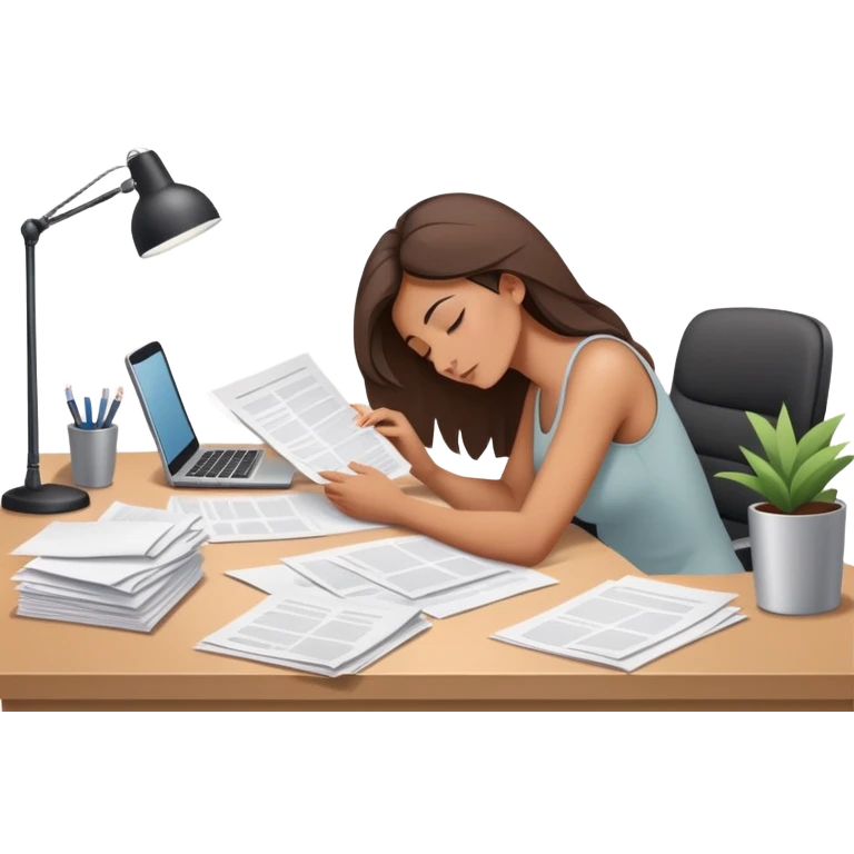Woman dozing off at bare workspace, just papers on desk emoji