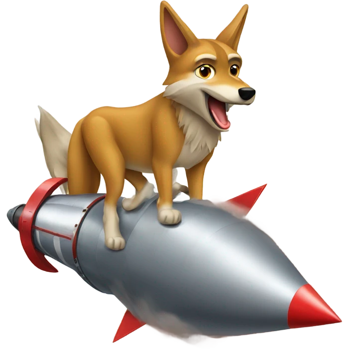 A coyote riding a rocket emoji