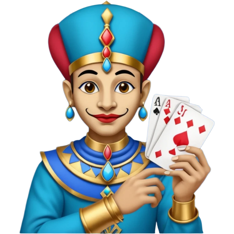 crazy colorful egyptian anubi jolly joker from poker, medieval, vintage, court jester, mac os icon, blue color, holds a single poker card on the right paw emoji