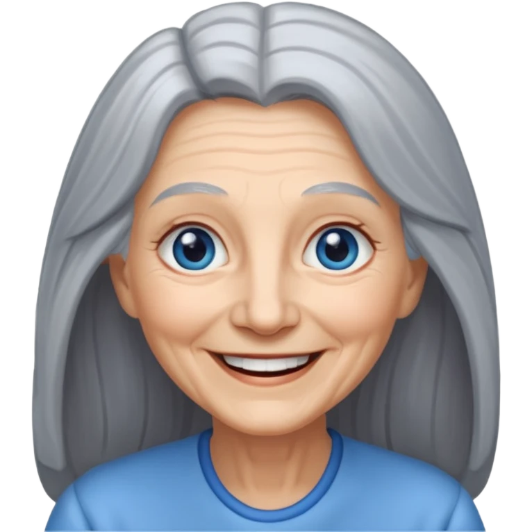 an elderly woman with long, grey hair and a smiling face with blue eyes emoji