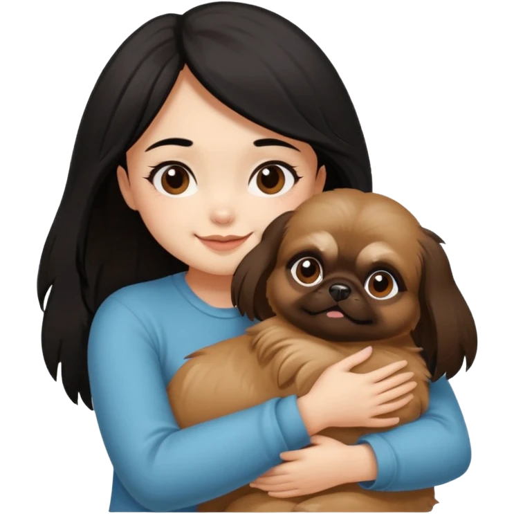 black hair girl hugging cheerfully brown pekingese dog that looks a little bit like brown gremlin emoji