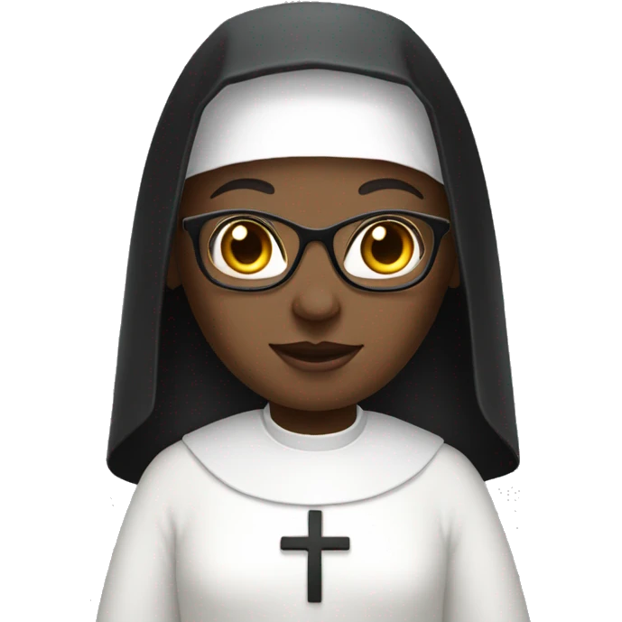 nun with white habit, short, dark skin, glasses, big sm emoji