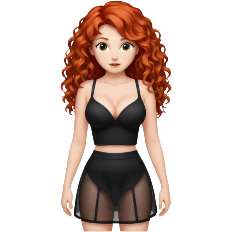 Naked red haired girl with long curly hair and very large big boobs and cleavage.  Thin waist and wide sexy hips. She is completely naked and wearing a see-thru black mesh very short mini-skirt emoji
