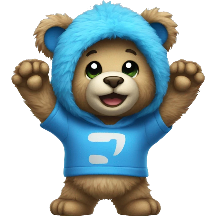 Blue fuzzy bear wearing a gaming shirt waving  emoji