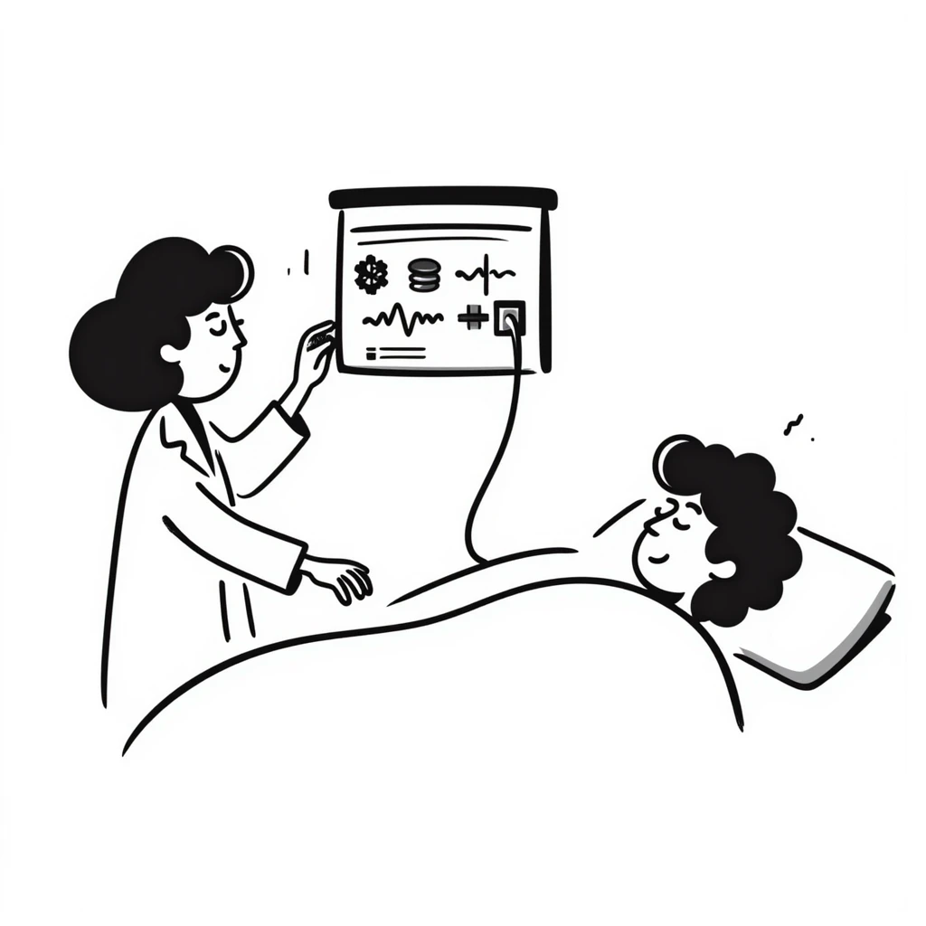 Sleep research laboratory with scientist monitoring a sleeping patient connected to EEG equipment emoji