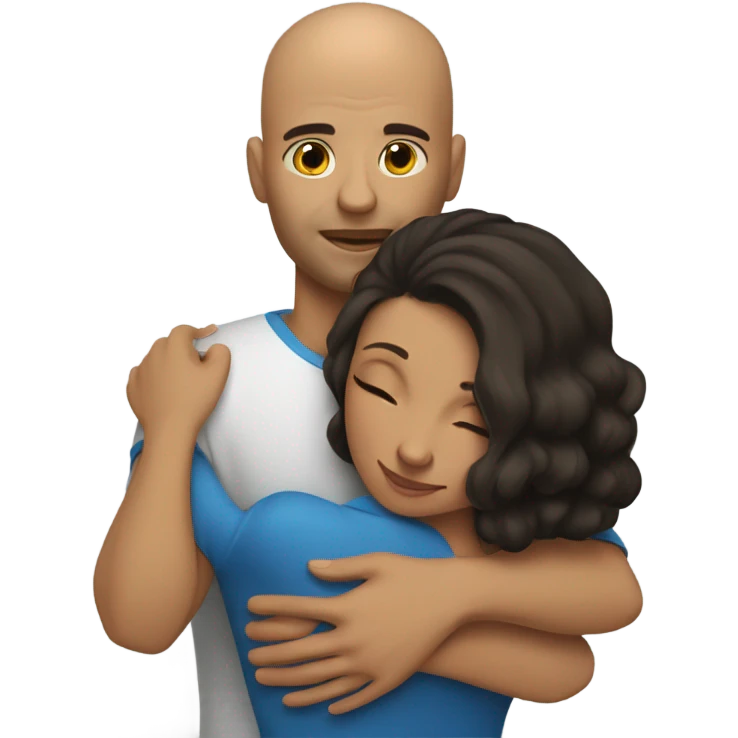 Comforting hug from tall, brunette, Puerto Rican woman to shorter bald male emoji