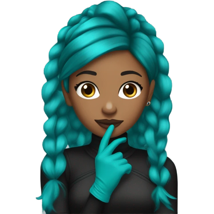 Brown girl with 2000s scene brown hair and teal streaks with a teal and black 2000s style outfit with black and teal fingerless gloves emoji