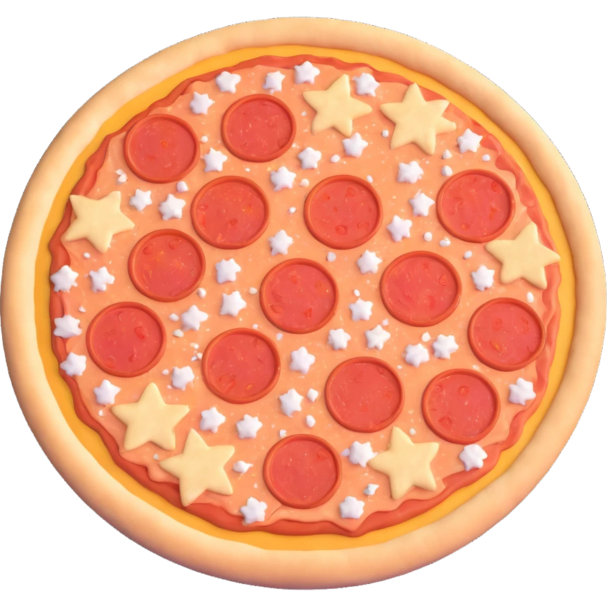 uncooked frozen pizza, round, pale dough, cheese, tomato sauce, pepperoni or vegetables, firm, frosted, ice crystals, matte finish, clean 3D, soft lighting, emoji scale emoji