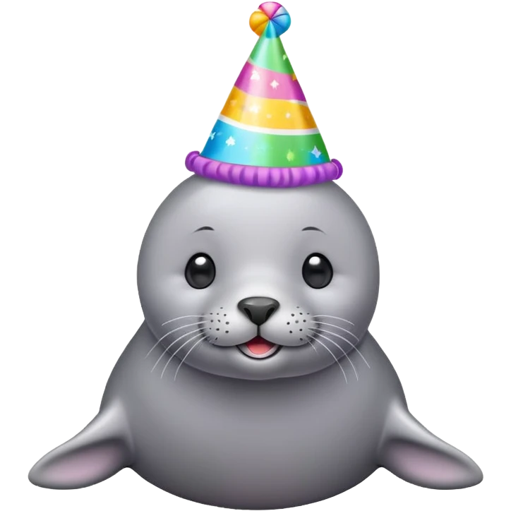A cute gray seal with colorful birthday party hat, simple mobile emoji style emoji