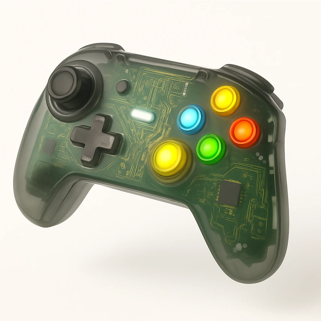 A gaming controller with illuminated buttons and internal components emoji