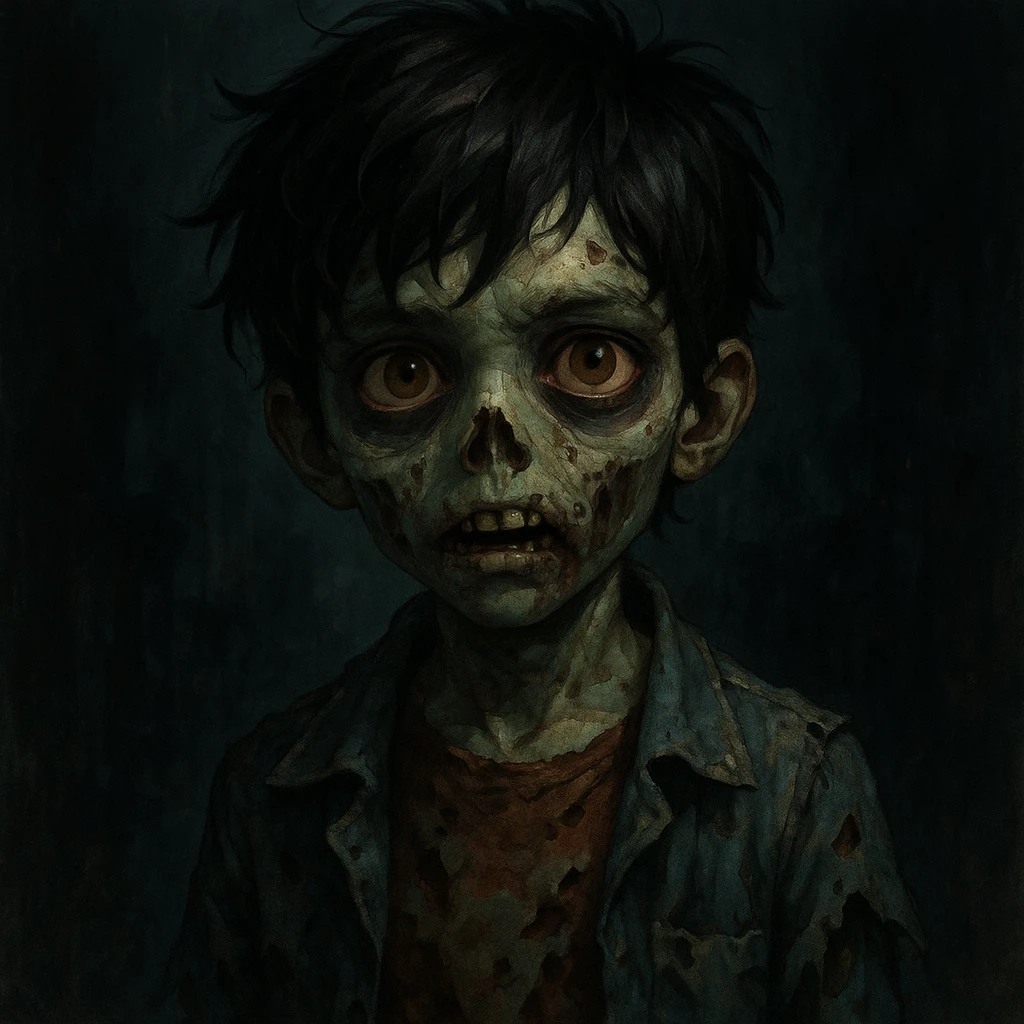 zombie boy with black hair and brown eyes, unique style, detailed, creative emoji