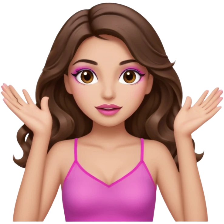 girl with long wavy brown hair, brown eyes, long lashes makeup, sexy pink lips, light to medium complexion, wearing a pink sexy top, both hands in the air high emoji