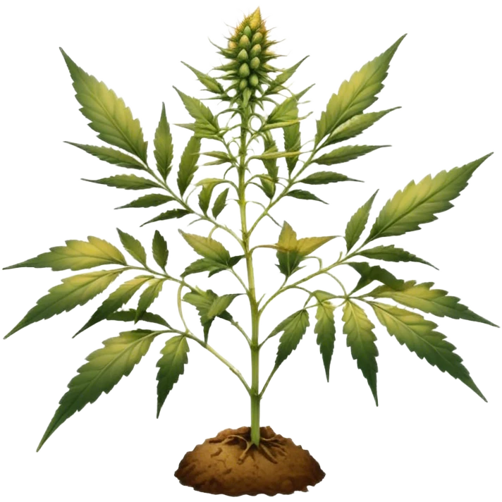small cannabis plant at late harvest stage, modestly sized, uneven growth structure, thin branches supporting medium size female buds, leaves showing natural discoloration in shades of yellow and green, clearly visible trichomes with amber hues, resin-coated buds ready for harvest emoji