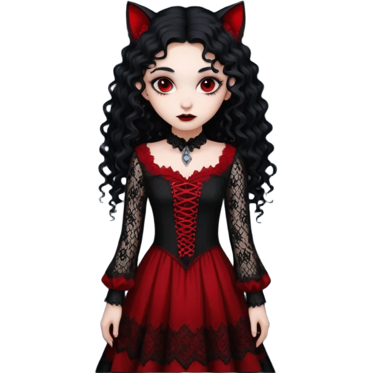 A girl with a red goth vampire look in a black and red goth lace dress with long sleeves and long black curly hair Fox eyes emoji