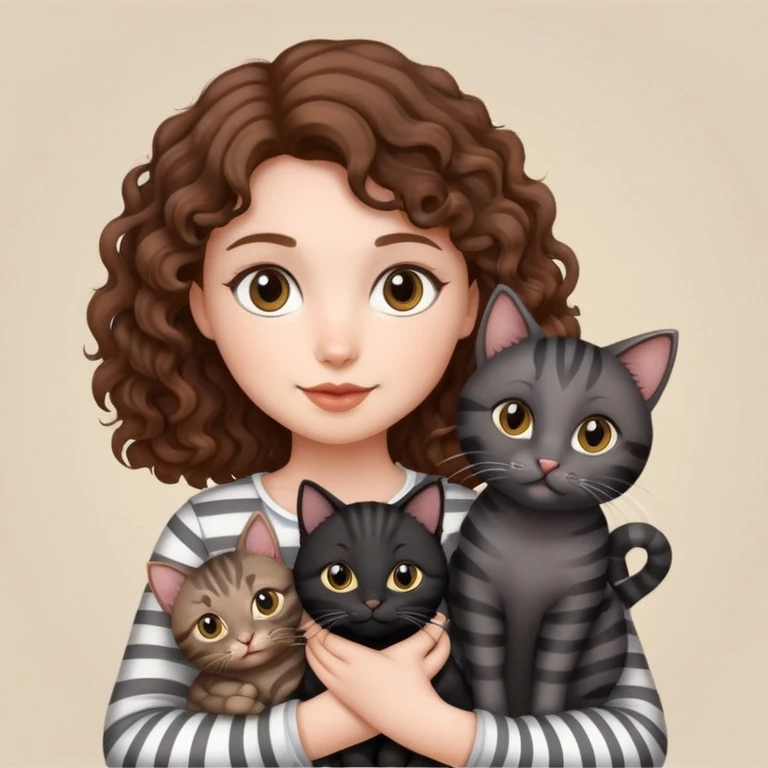 Girl with curly hair holding three cats, one black cat, one grey cat, and one grey-striped cat emoji